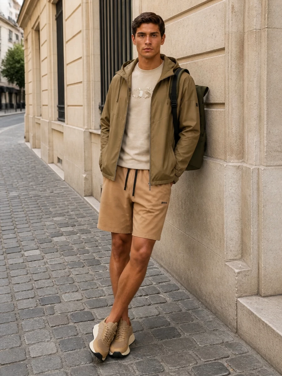 Boss khaki jacket tan shorts sneakers outfit