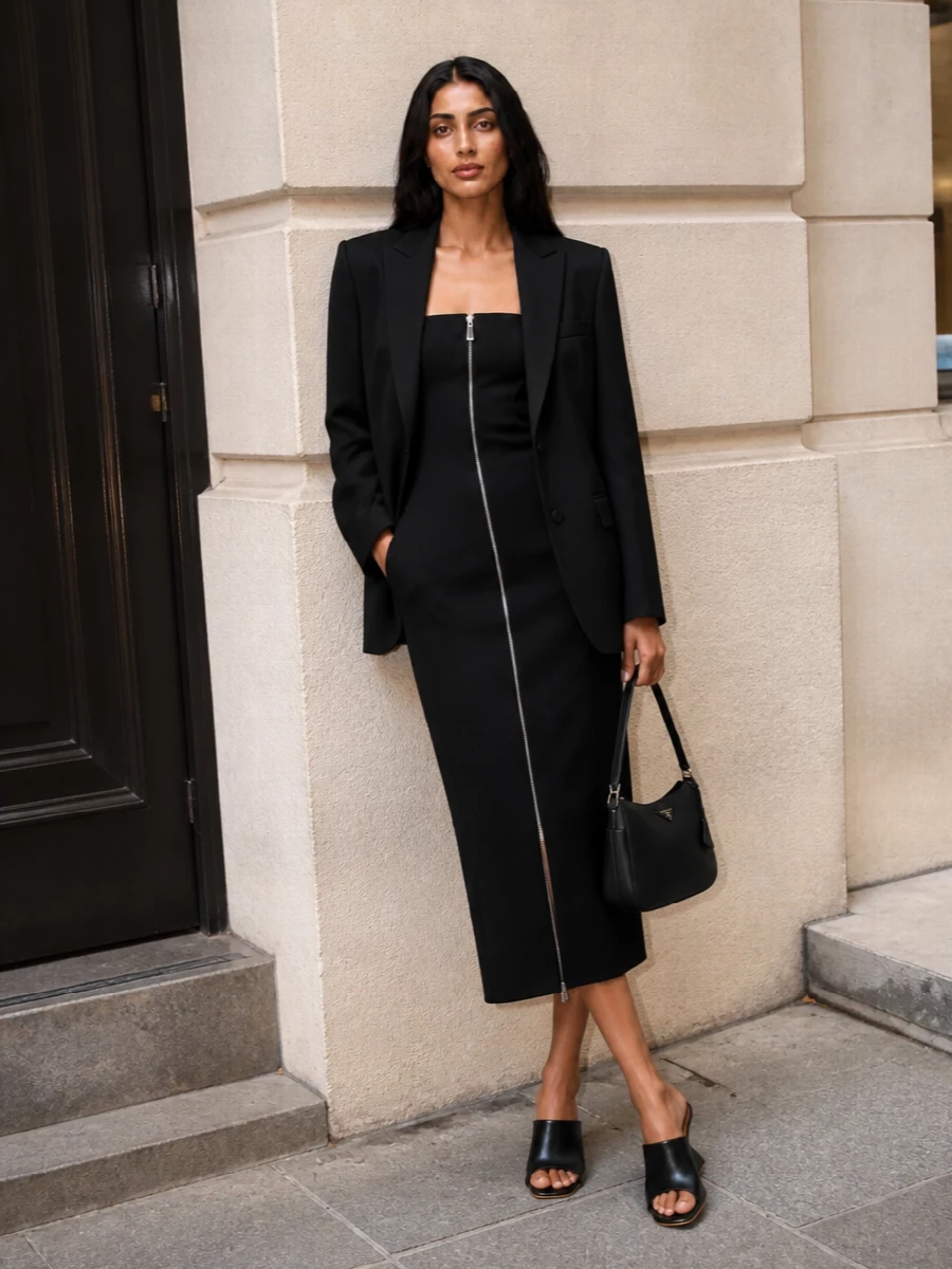 Off white black blazer strapless midi dress outfit