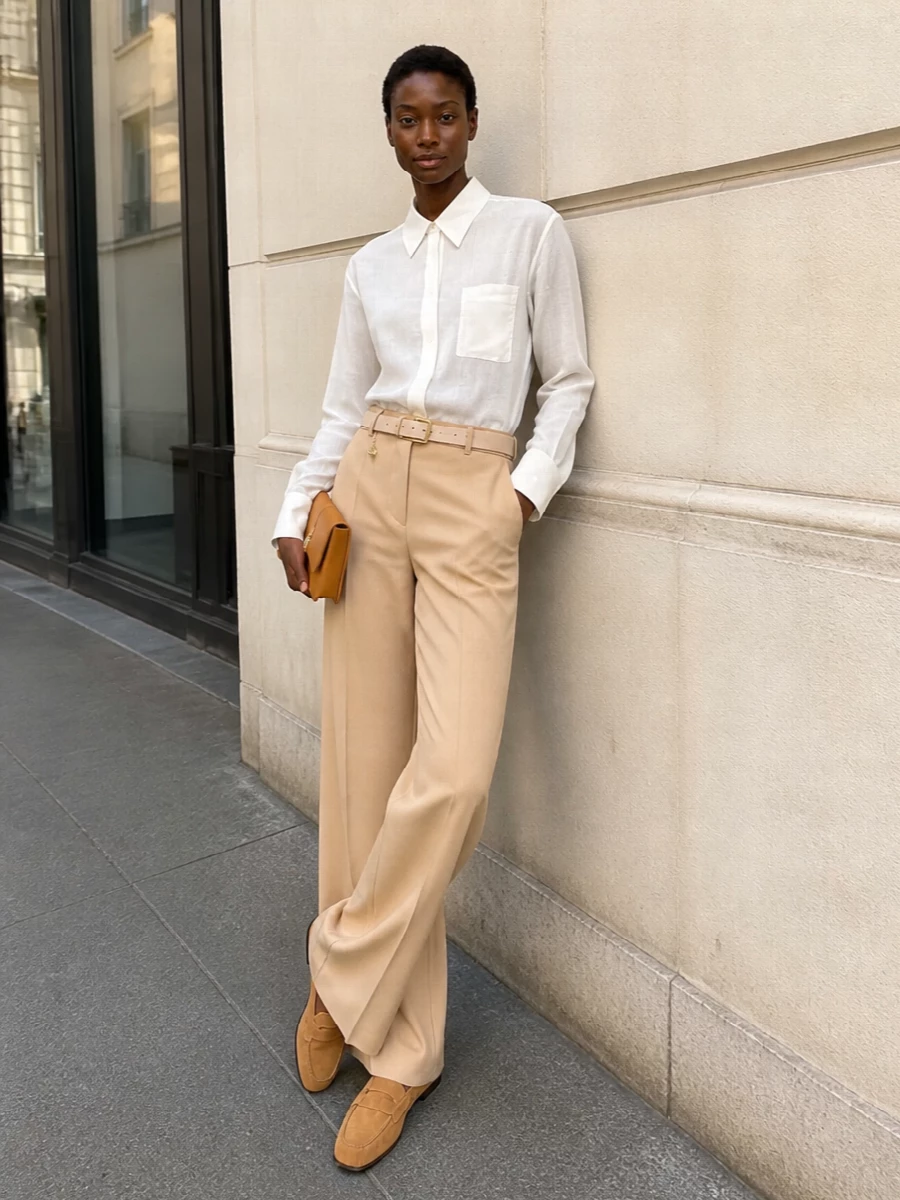 Camel wide leg trousers ivory shirt outfit