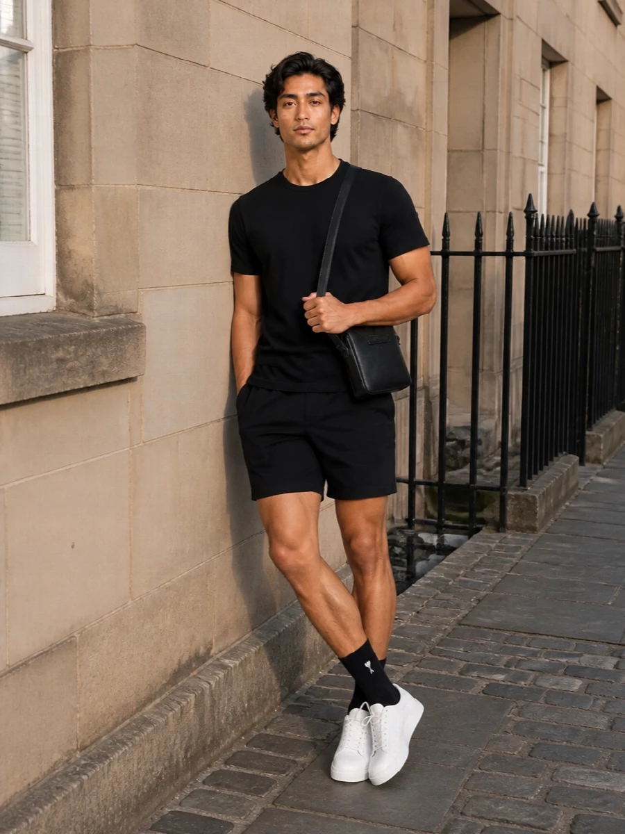 Emporio armani black shorts white sneakers outfit