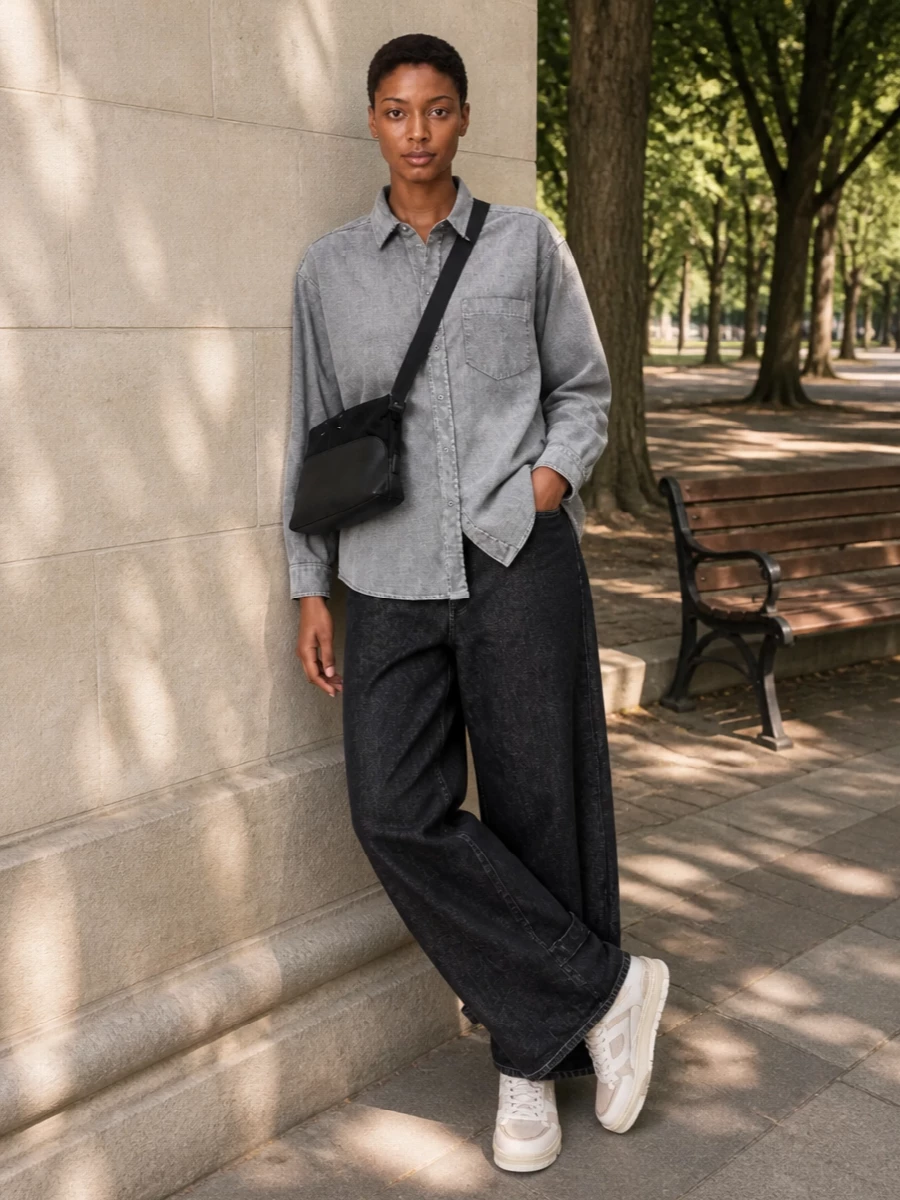 Charcoal wide-leg denim is grounded with a washed grey shirt for a monochrome take on streetwear that still feels quietly refined. Neutral off-white sneakers lighten the base, while a structured black cross-body keeps the line clean and practical for city days. The result is an easy, minimalist uniform that lets proportion and texture do the talking.