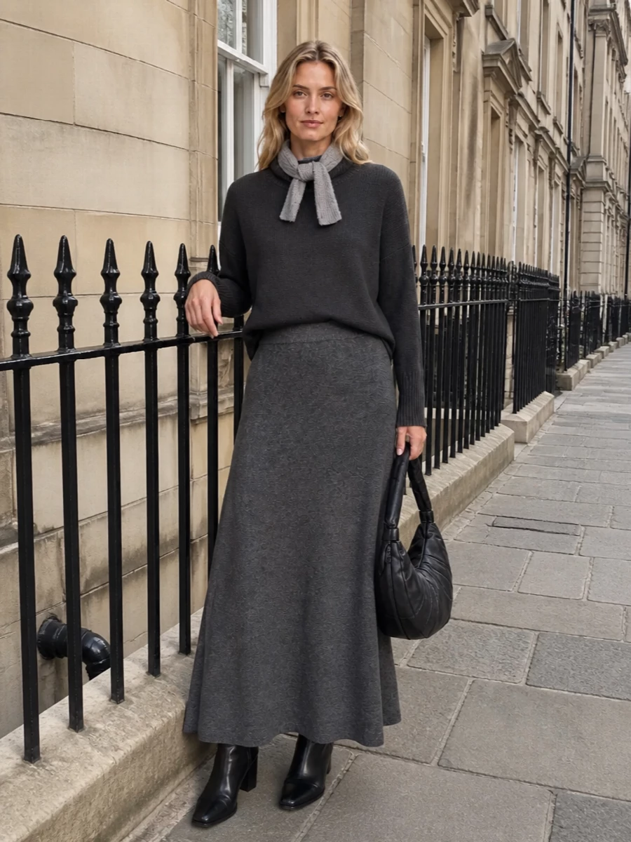 Lisa yang charcoal turtleneck knit maxi outfit