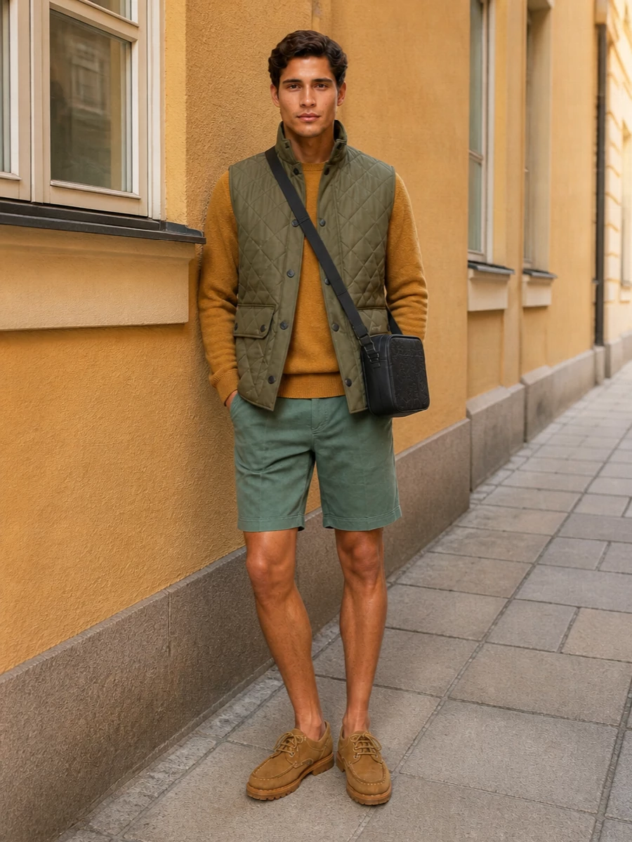 Barbour gilet pleated shorts paraboot shoes