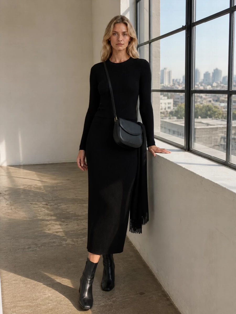 Magda butrym knit black ribbed midi skirt outfit
