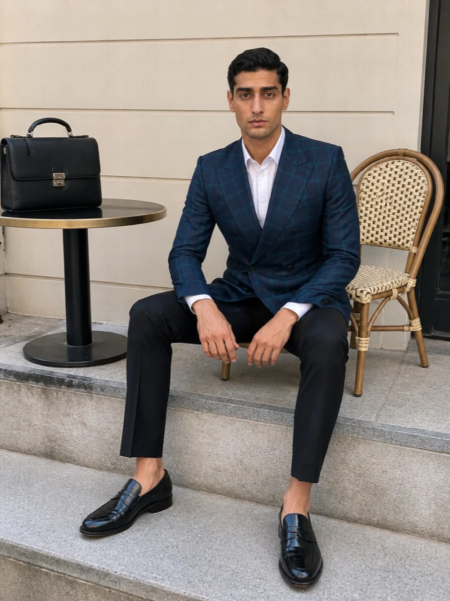Dolce gabbana teal double breasted blazer black trousers