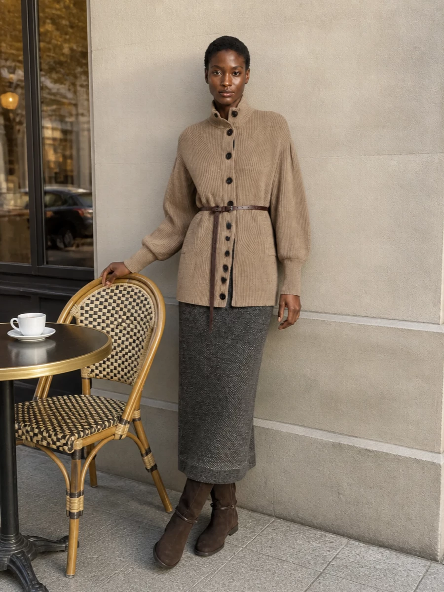 Brunello cucinelli camel cardigan charcoal knit dress