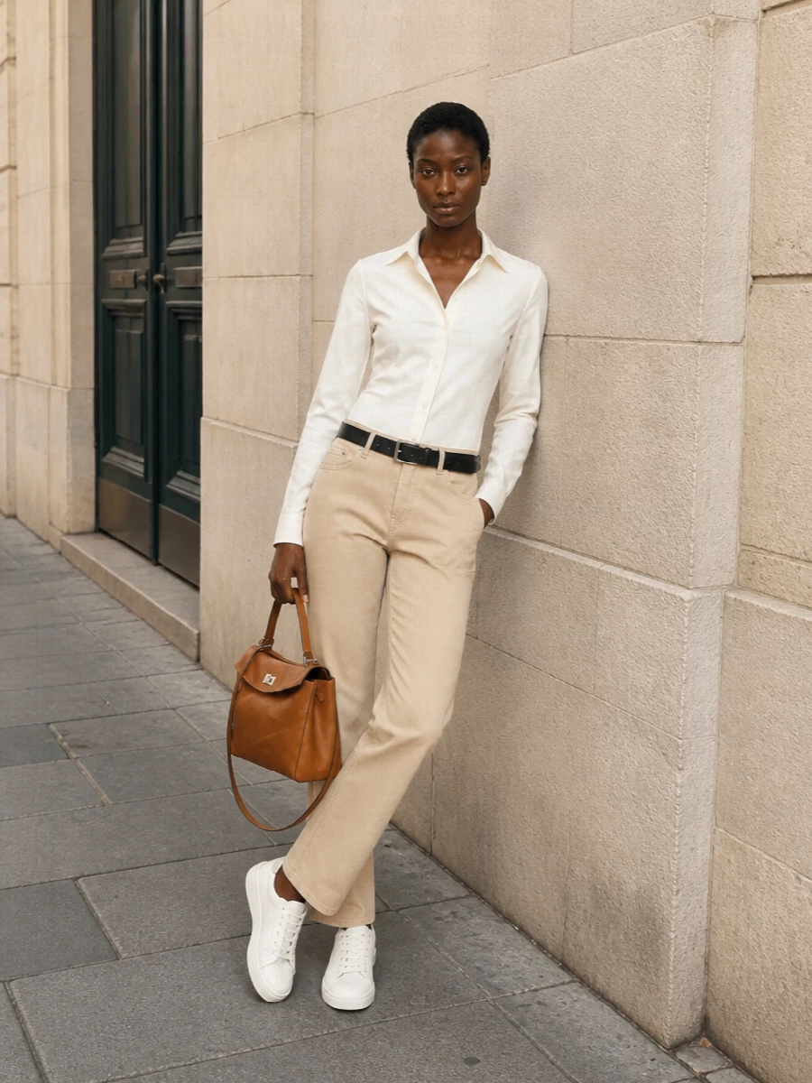 Burberry neutral outfit sand trousers ivory shirt