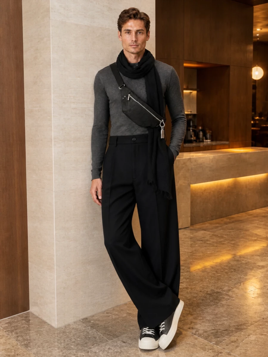Rick owens wide leg trousers charcoal sneakers