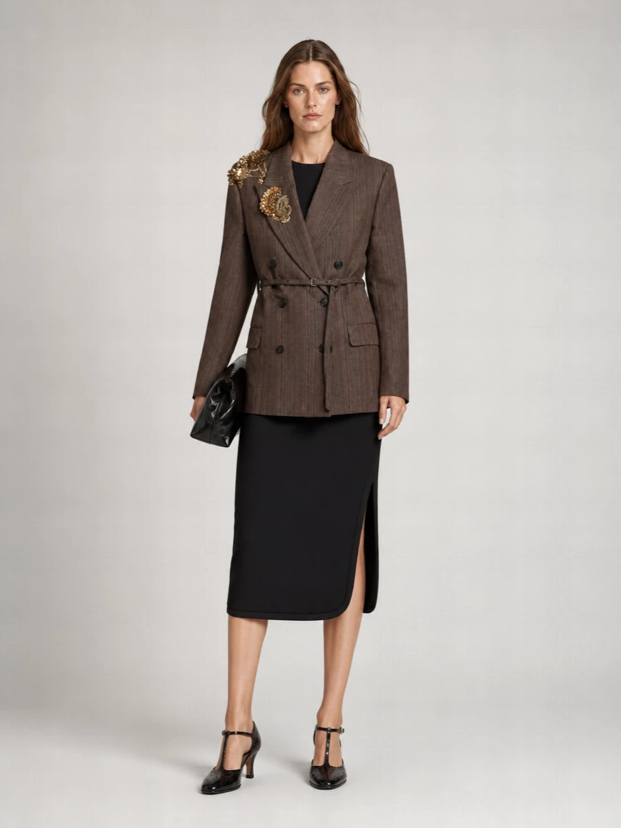 This is an evening suiting narrative built around the embellished Dries Van Noten blazer, grounded by a clean black belted sheath so the jacket’s florals stay in sharp focus. Sculpted Mary Jane heels and a structured black clutch echo the antique gold accents and dark palette, giving a quietly dramatic, gallery-to-cocktails ensemble that feels modern and composed. I chose the dress path over tailoring separates to keep the silhouette elongated and reduce competing lines under such a strong statement jacket.