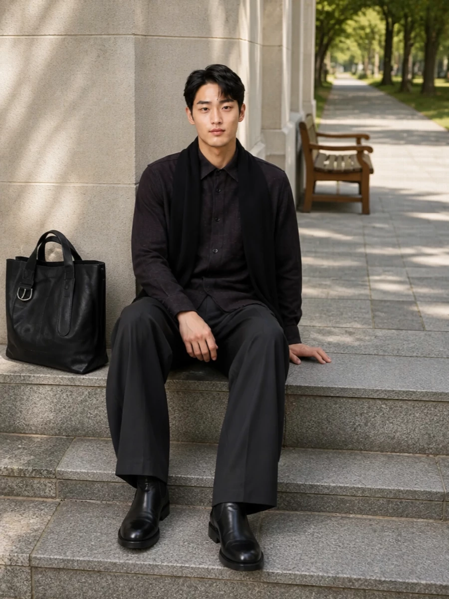 Our legacy charcoal shirt wide leg trouser outfit