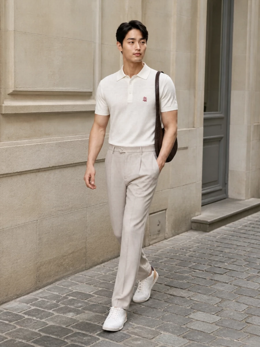 Brunello polo pleated trousers outfit