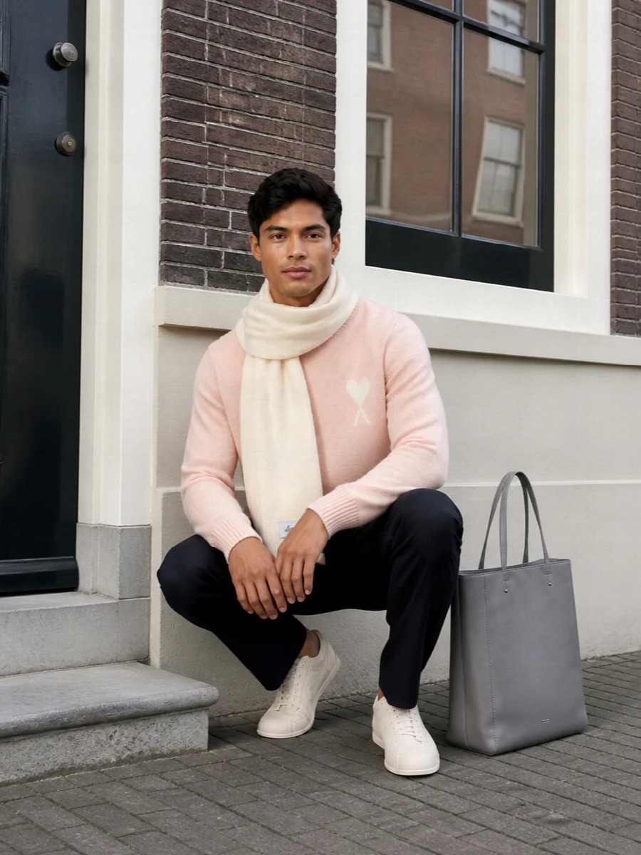 Ami paris blush sweater navy trousers outfit