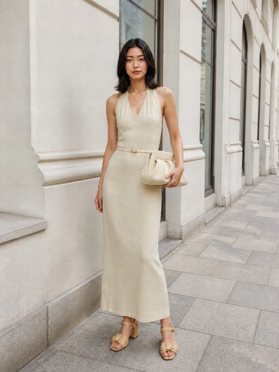 Alysi buttercream halter dress neutral sandals