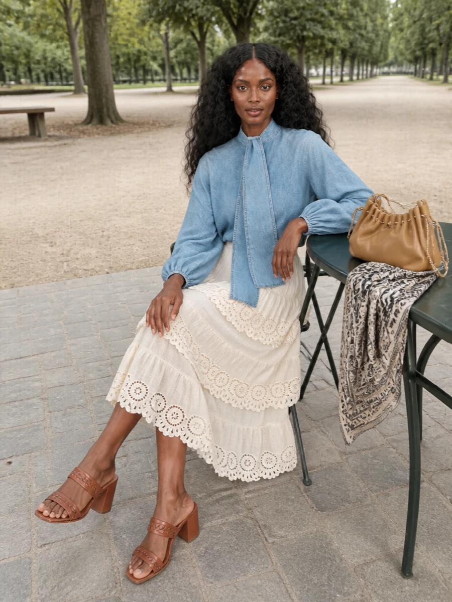 Zimmermann denim blouse ivory tiered skirt outfit