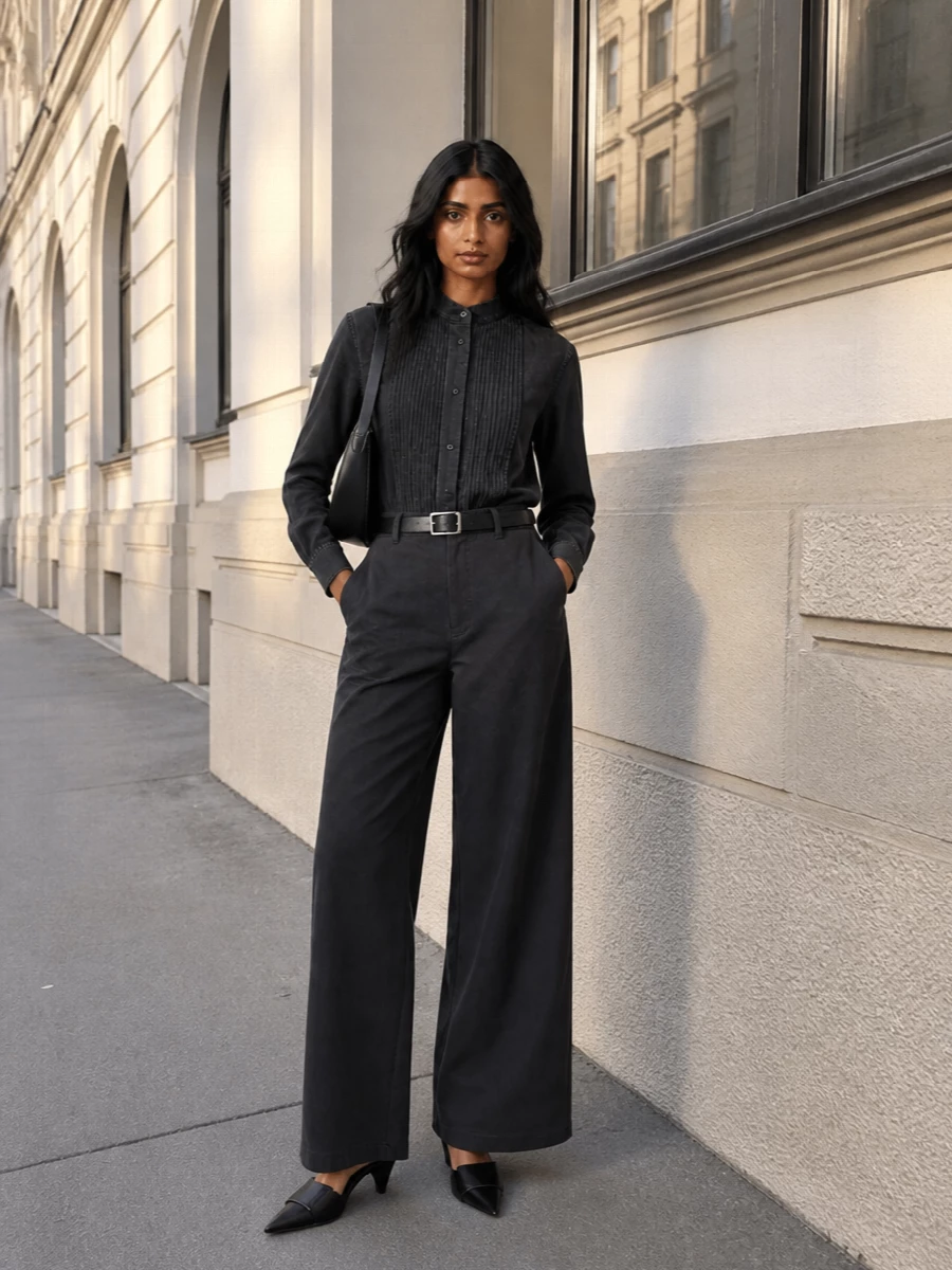 Loewe black wide leg trousers tailored shirt outfit