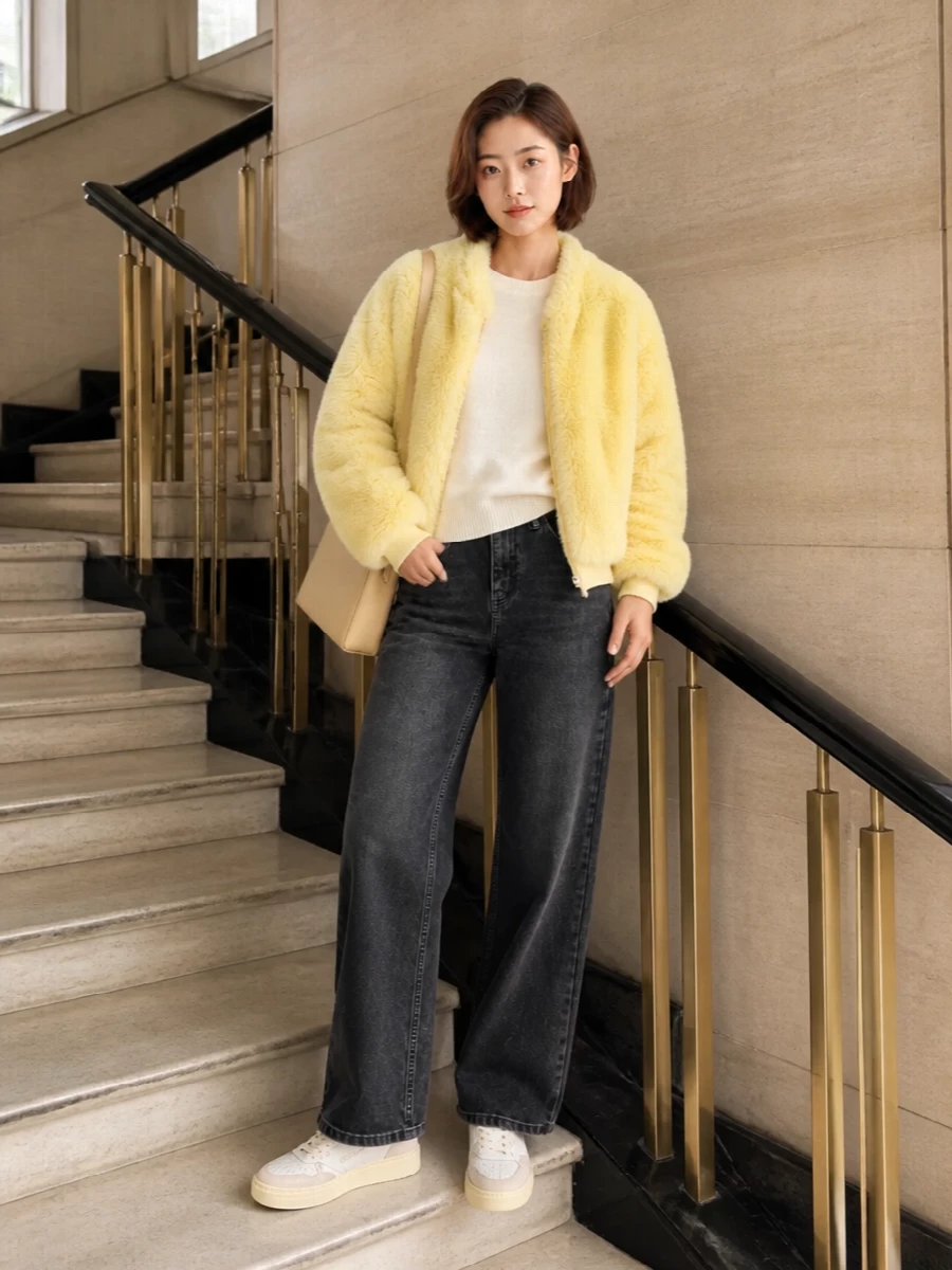 Frankie shop yellow faux fur bomber jeans outfit