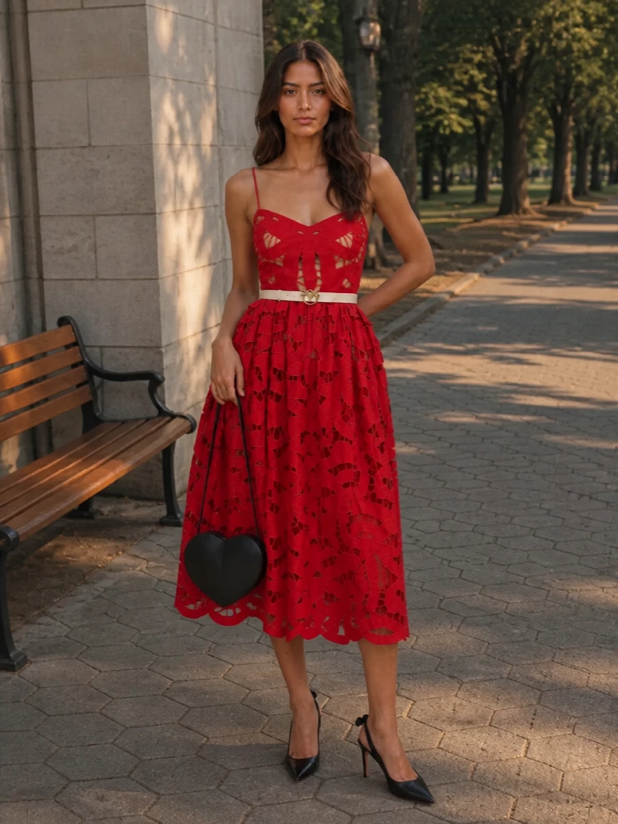 Scarlet lace, a cinched ivory-accented waist and sleek black accessories create a confident cocktail ensemble that feels flirty yet precise. The pointed slingbacks and sculptural heart bag sharpen the romance, keeping the silhouette long and clean. It is ideal for evening events where you want drama with clear intention rather than excess sparkle.