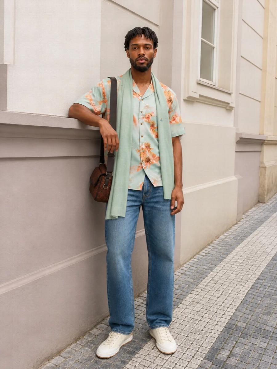 Vivienne Westwood’s cherub shirt sits on easy mid-indigo denim for a relaxed, romantic take on streetwear. Cream canvas sneakers keep everything soft and grounded, while the paisley crossbody and mint scarf add a boho, art-traveller note without stealing focus from the print. It feels laid back but considered, perfect for gallery days or long city afternoons.