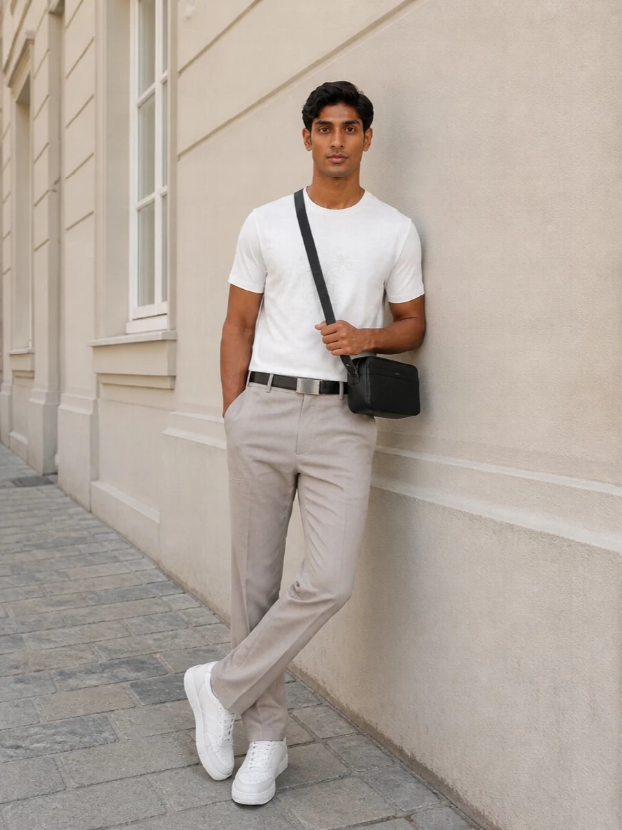 Givenchy white tshirt taupe trousers sneakers