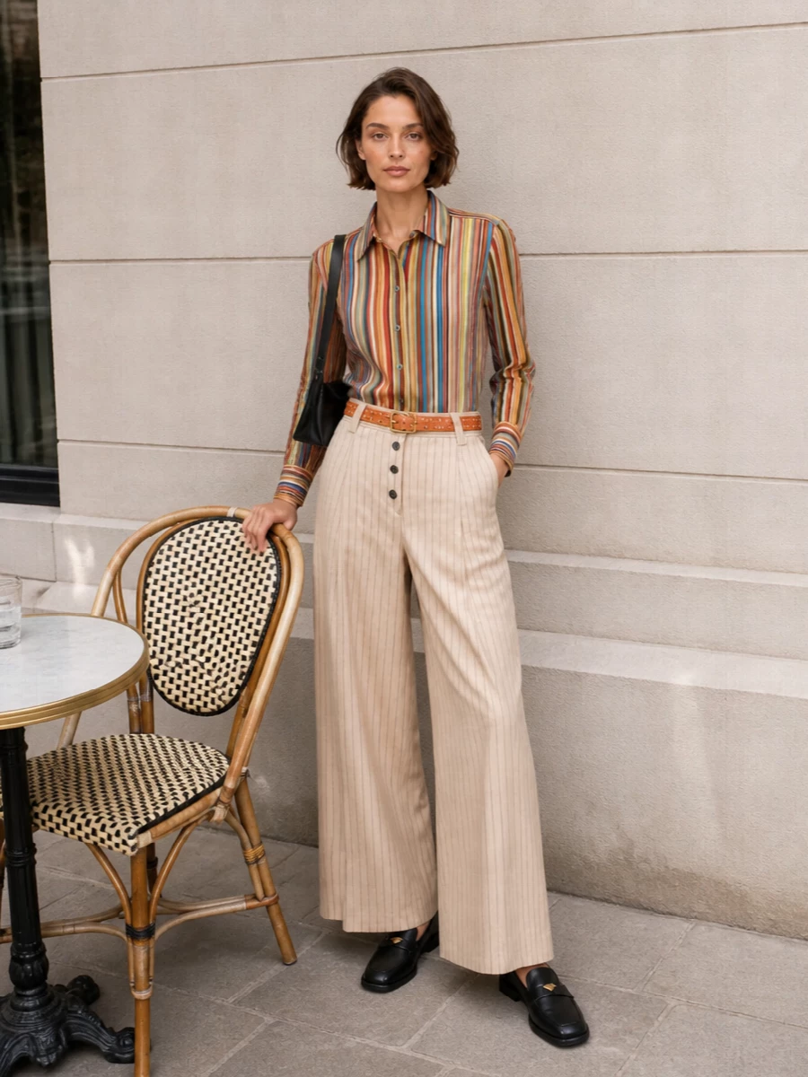 Paul Smith’s striped shirt sits cleanly against the sand pinstripe wide leg, the shared vertical lines stretching the frame while the warm palette keeps it grounded. Sharp black loafers and a slim shoulder bag add city polish, with the burnt-orange belt echoing the shirt’s richest stripe for a considered hit of colour. It is tailored, bright and confident, made for days when you want structure and personality in equal measure.