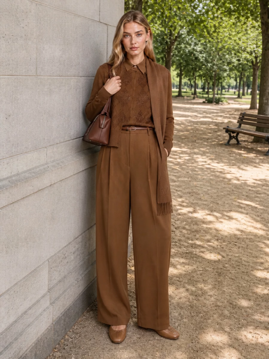A tonal camel story built around subtle texture, this pairing lets the diamond-knit cardigan sit neatly over fluid, high-waisted wide-leg trousers for an elongated, quietly confident line. Soft camel flats and a structured chocolate mini bag keep the mood polished yet relaxed, while the matching scarf adds depth rather than drama. It is an office-to-dinner uniform for someone who prefers nuance over novelty.