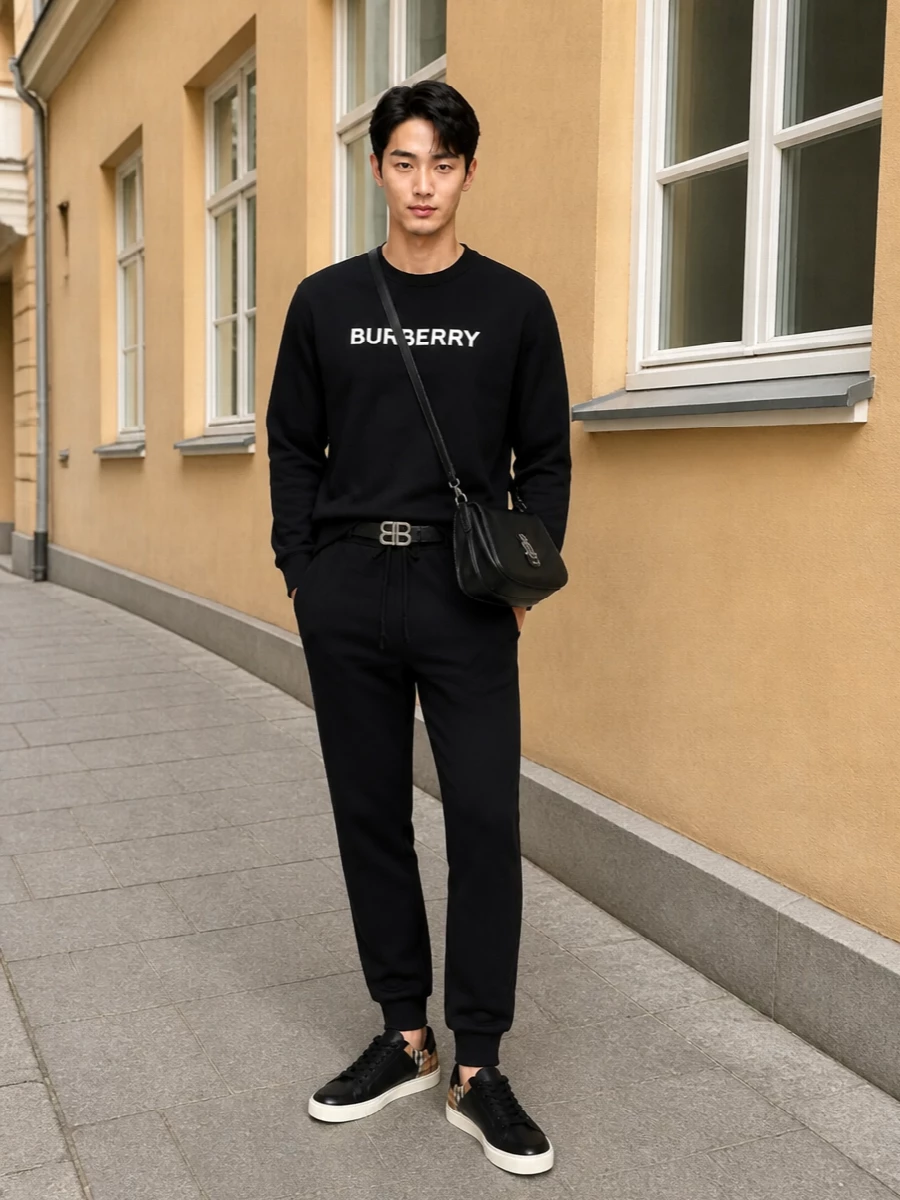 This look is a streamlined take on logo streetwear: the black Burberry sweatshirt sits over matching tapered joggers for a monochrome, airport-to-city uniform. Black-and-check sneakers keep the line sporty but refined, while a structured Balenciaga crossbody and slim logo belt sharpen the silhouette so it reads intentionally minimal rather than casual-basic.