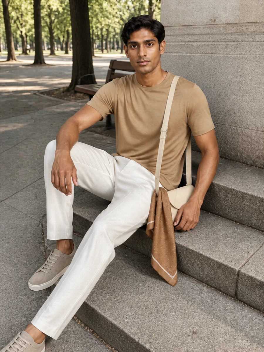 Herno camel tee ivory trousers tods sneakers