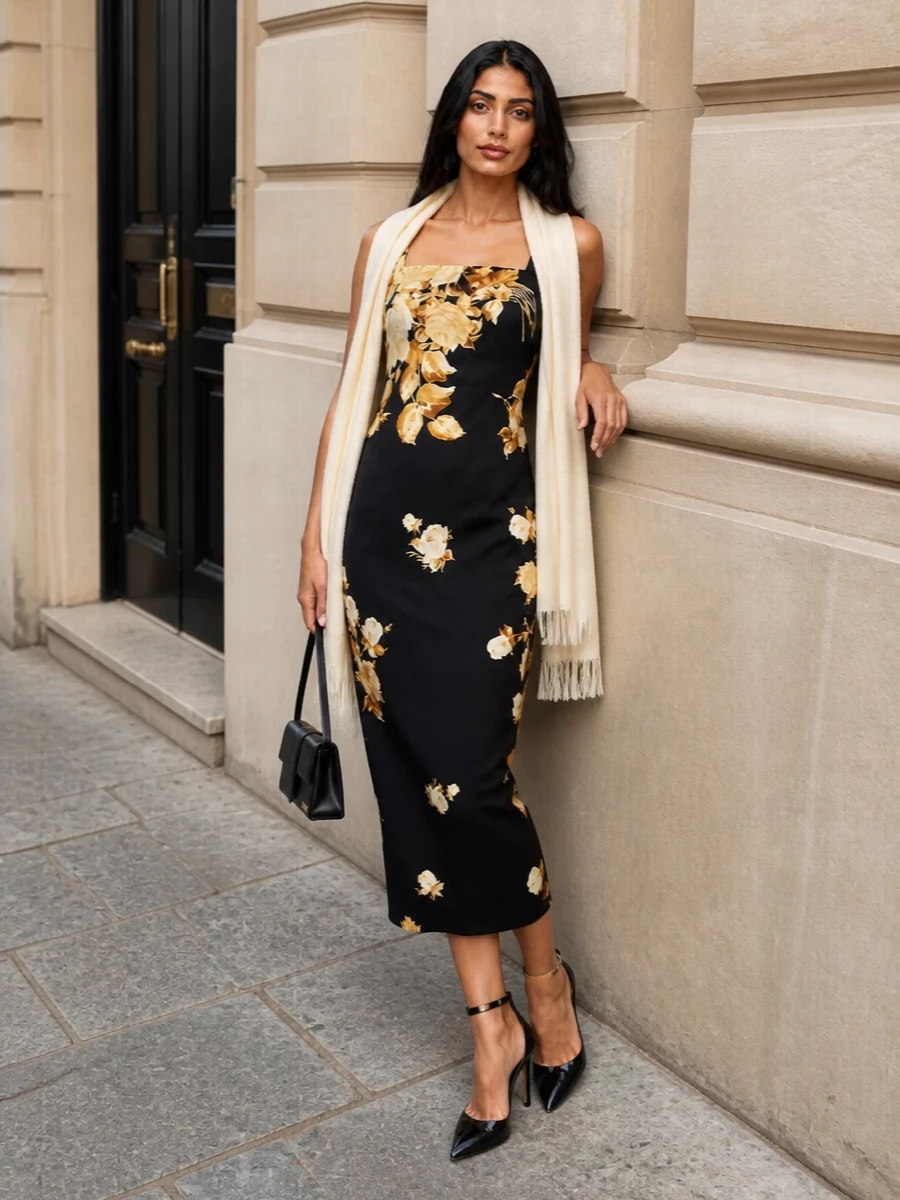 Floral black cocktail dress ankle strap pumps