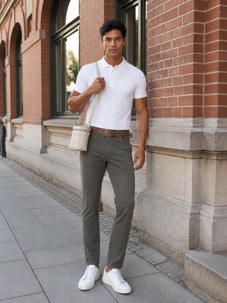 Brioni white polo taupe chinos prada sneakers