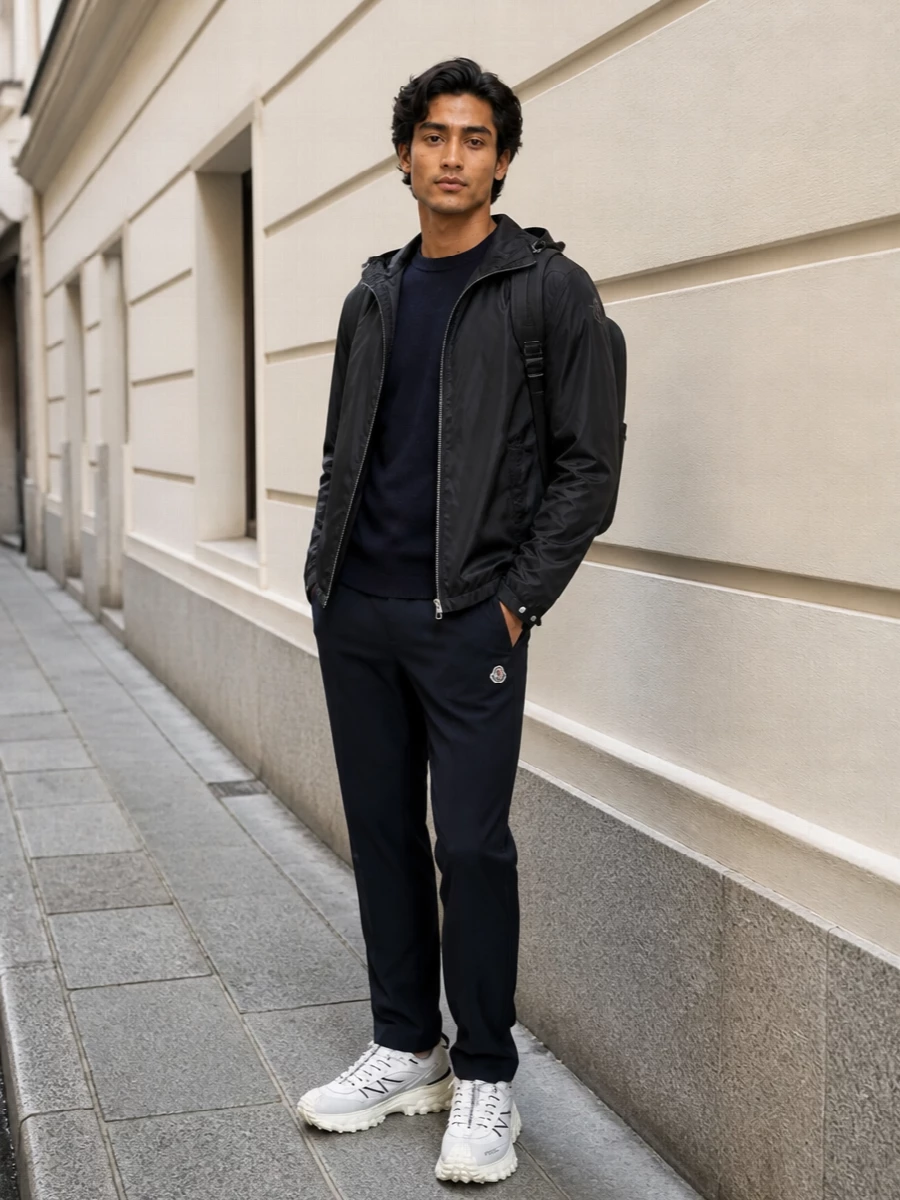 Moncler mens black shell jacket outfit sneakers
