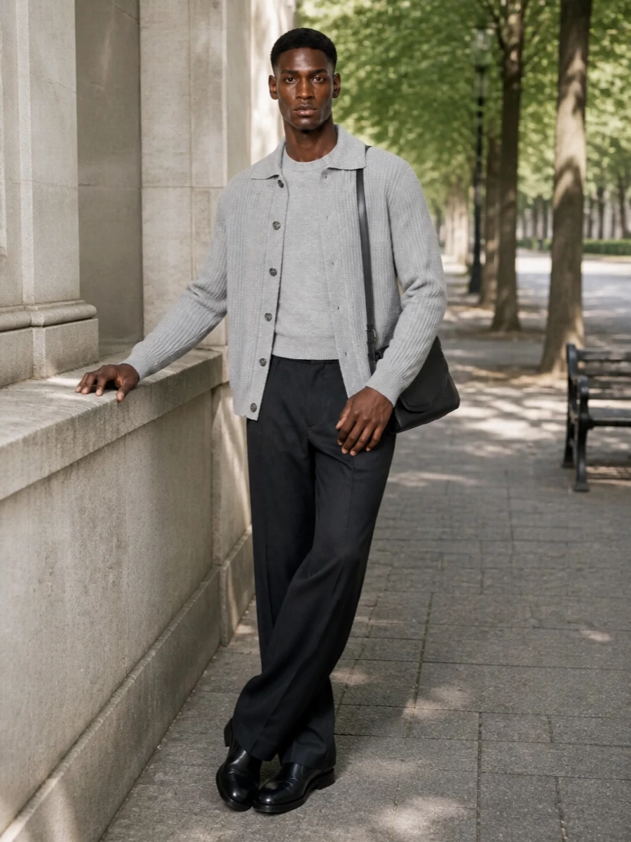 Lardini knit jacket charcoal pleated trousers