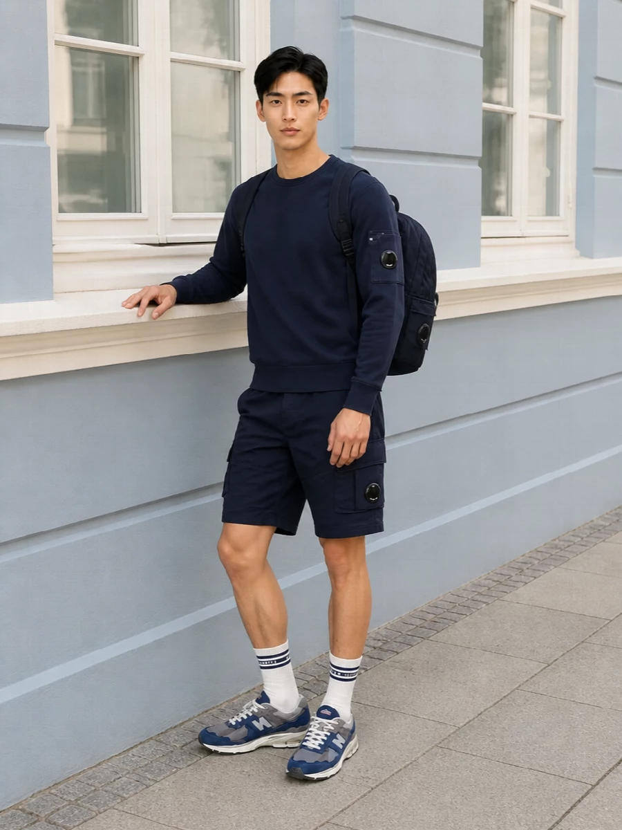 Cp company navy sweatshirt cargo shorts outfit