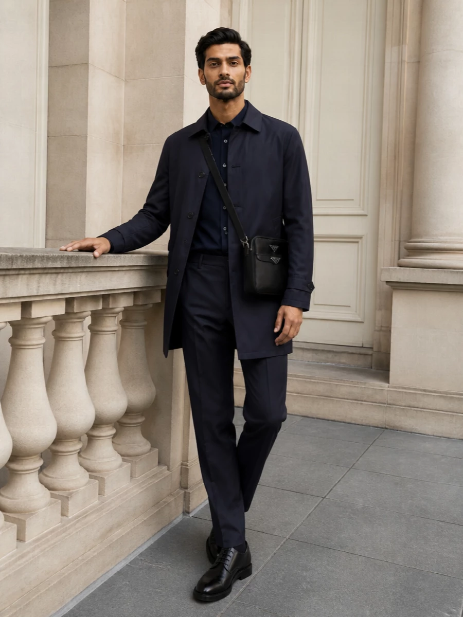 Herno navy car coat tods derby outfit