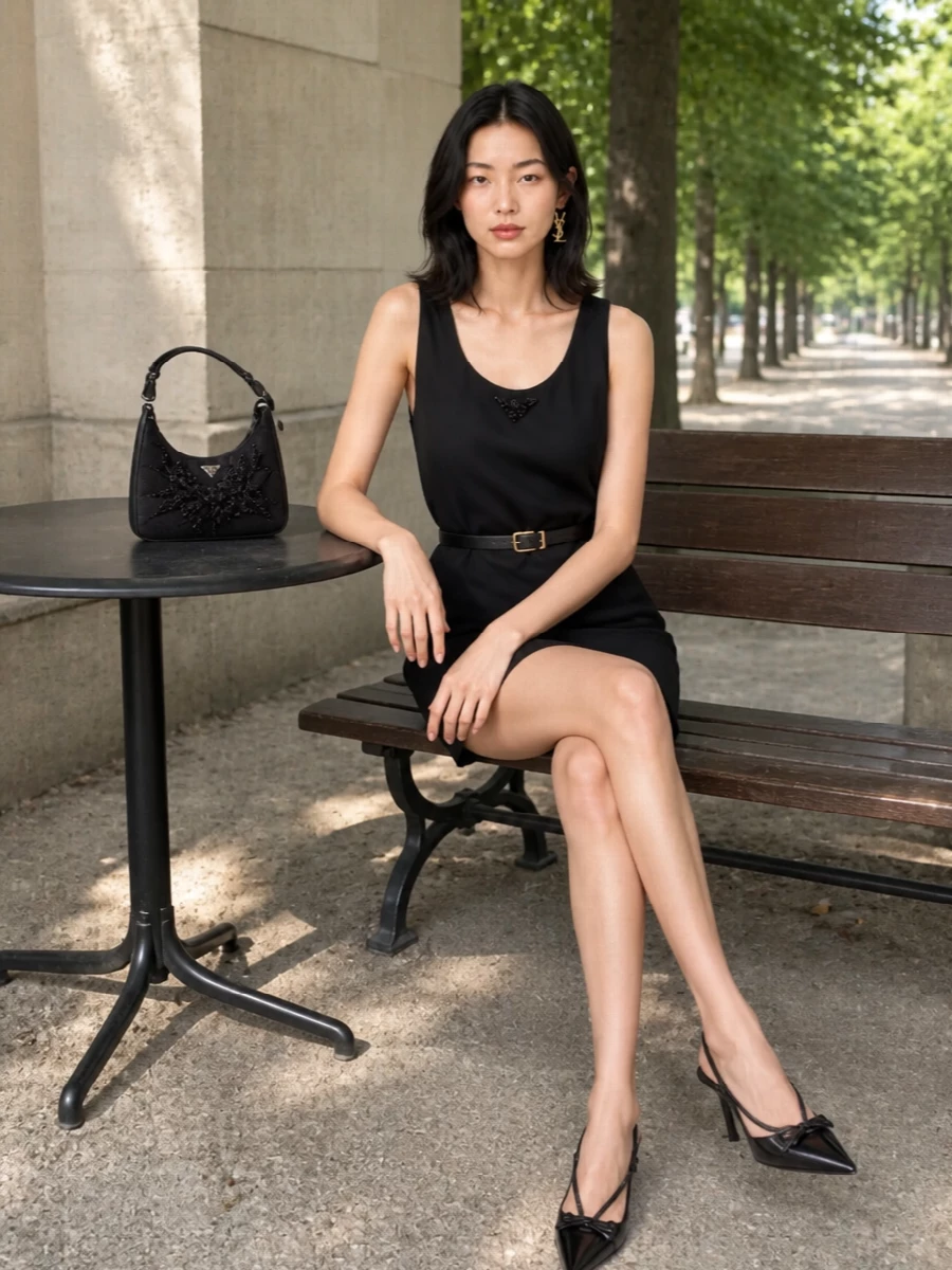 Prada black cocktail dress slingback heels bag
