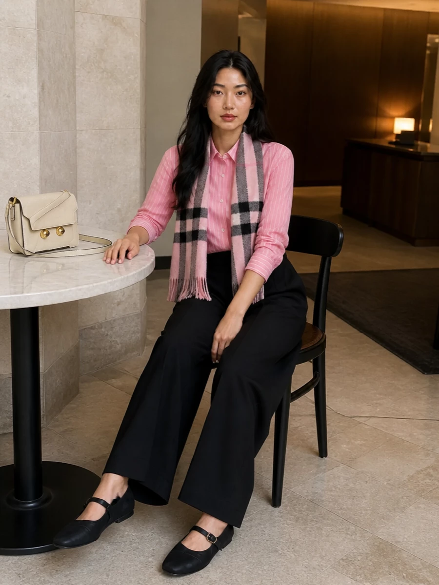 Marni pink striped shirt black wide leg trousers