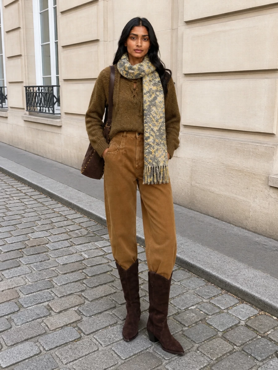 Isabel marant hooded knit camel jeans western boots
