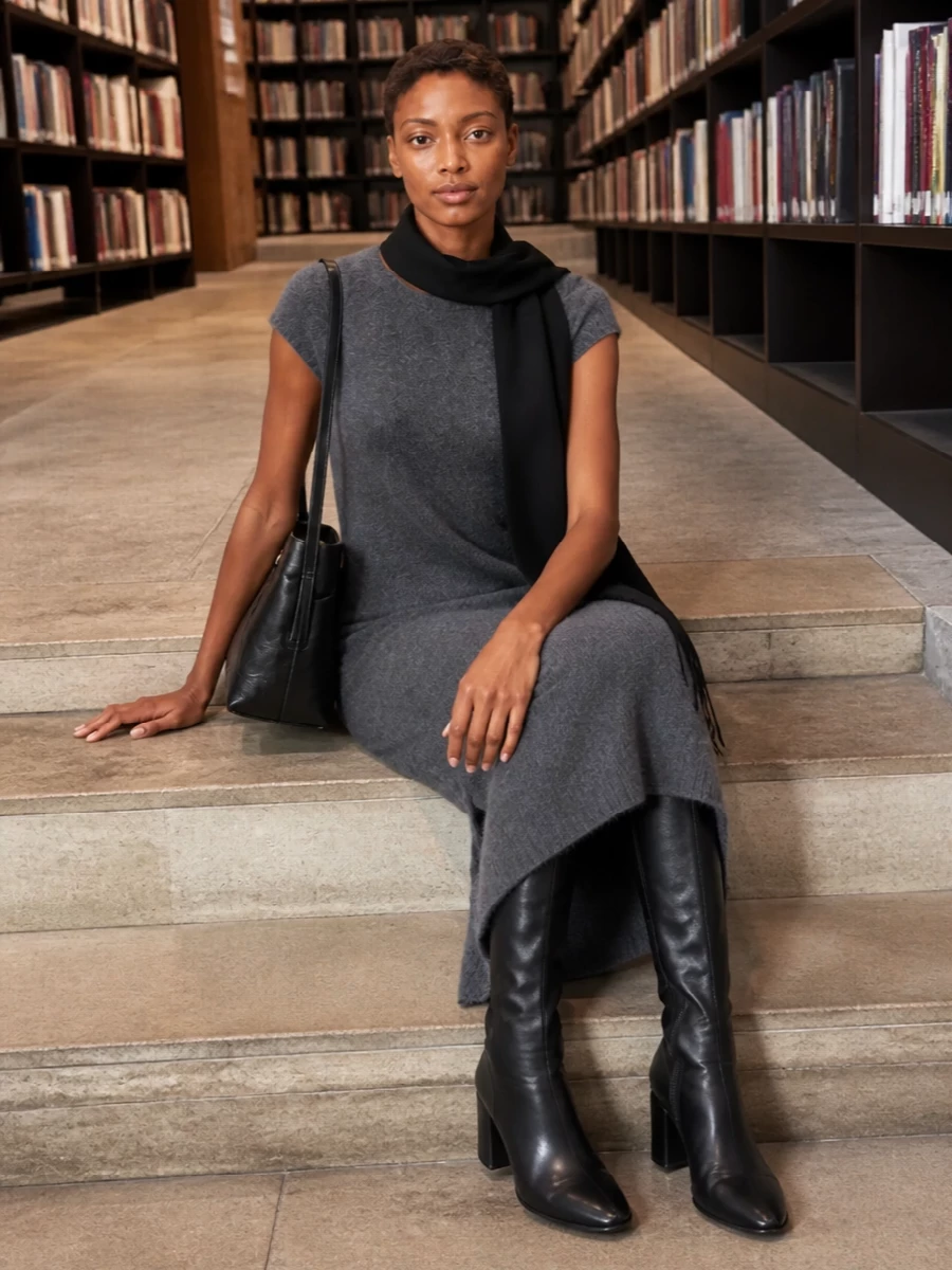 Jil sander charcoal maxi dress black over knee boots