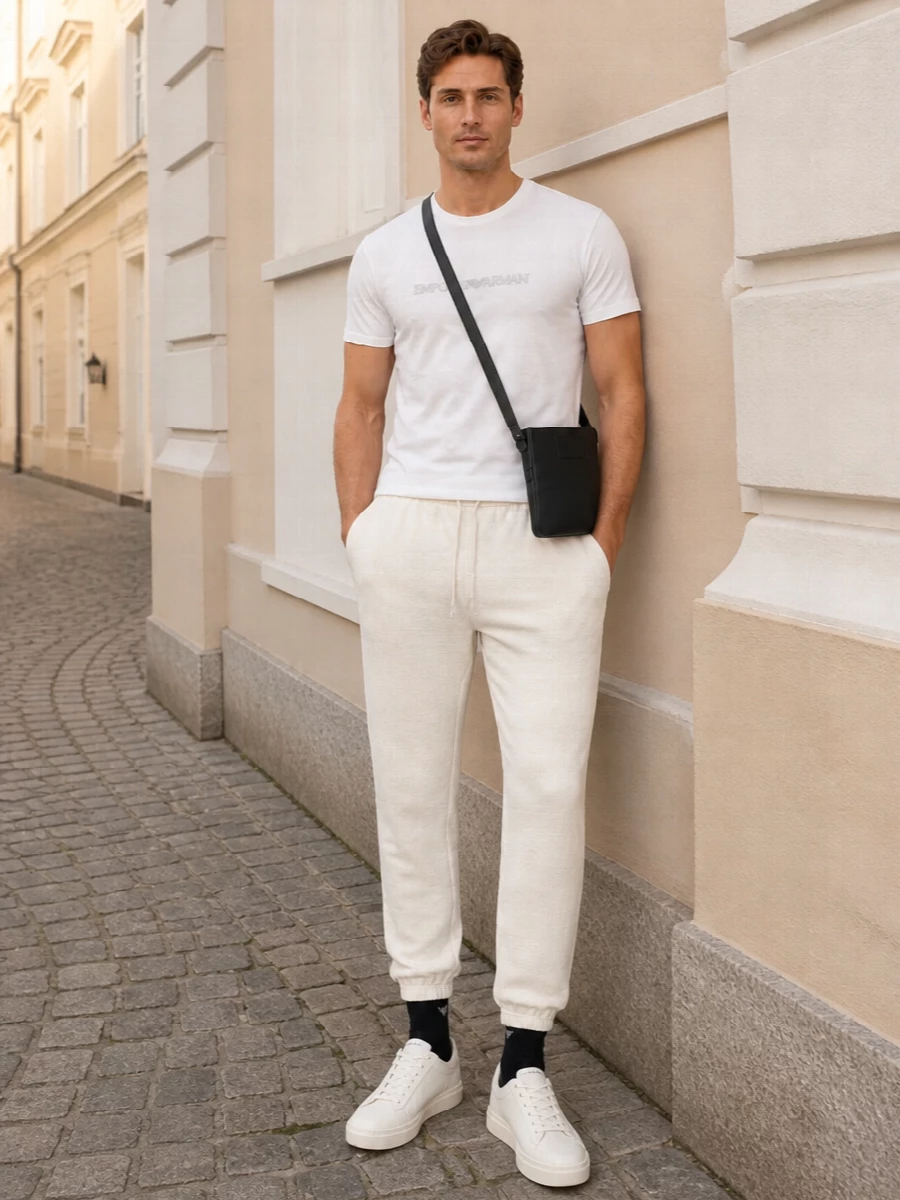Emporio armani ivory joggers white tee sneakers