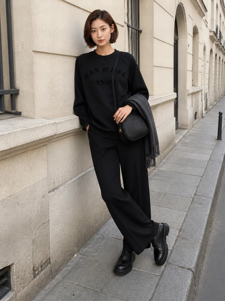 Max mara beaded sweatshirt wide leg trousers outfit