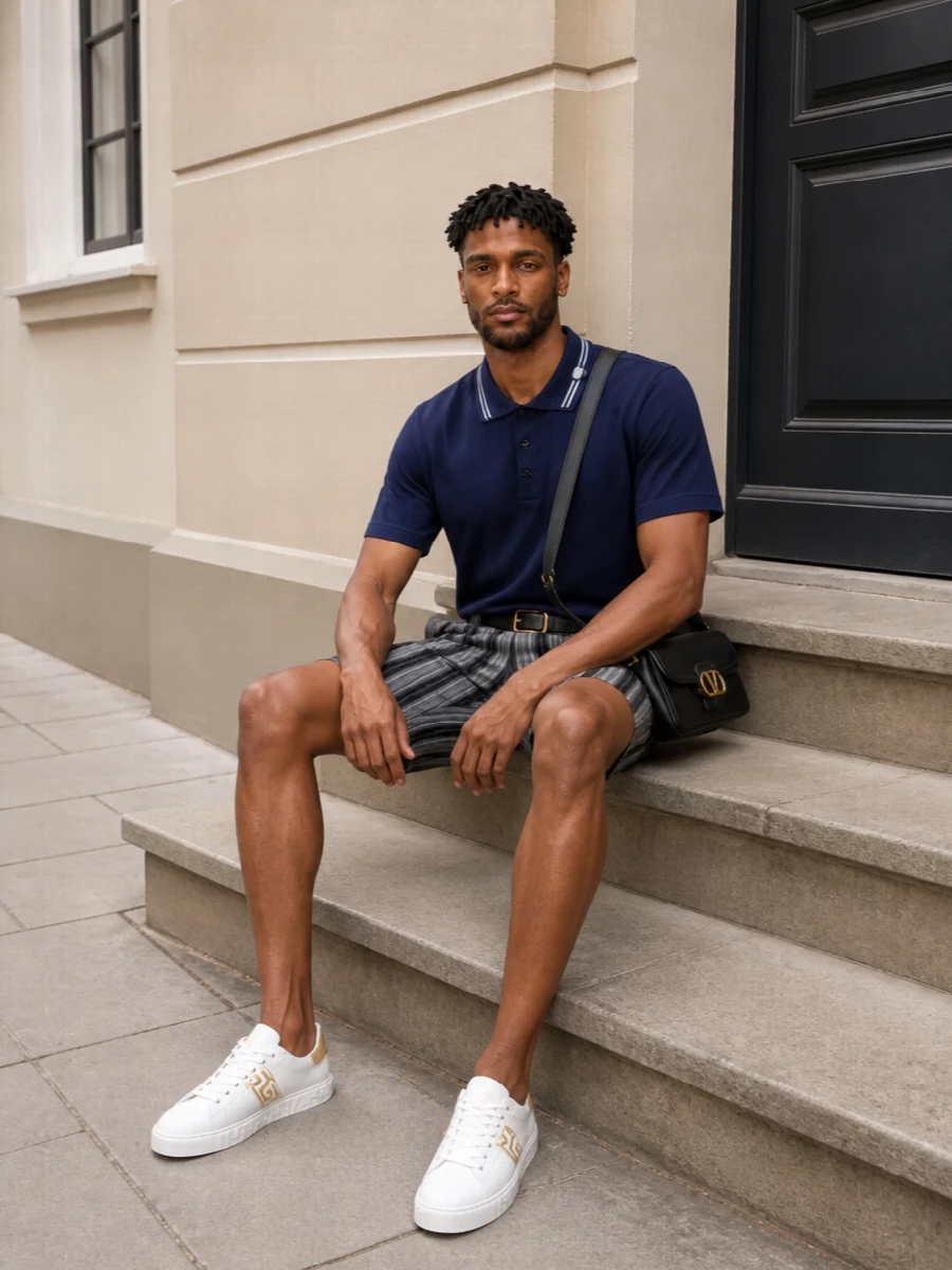 Versace navy polo striped shorts sneakers