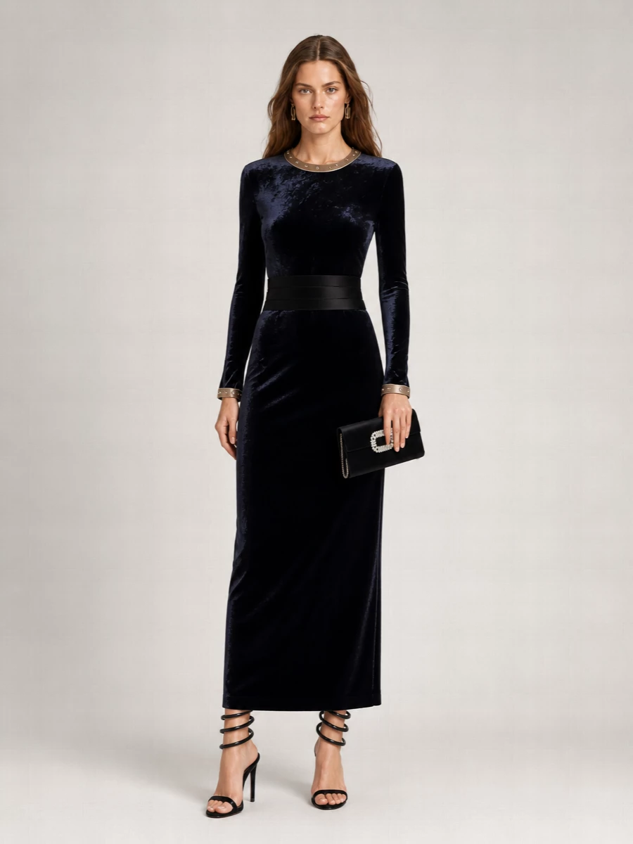 Ralph Lauren Studded Long-Sleeve Maxi Gown