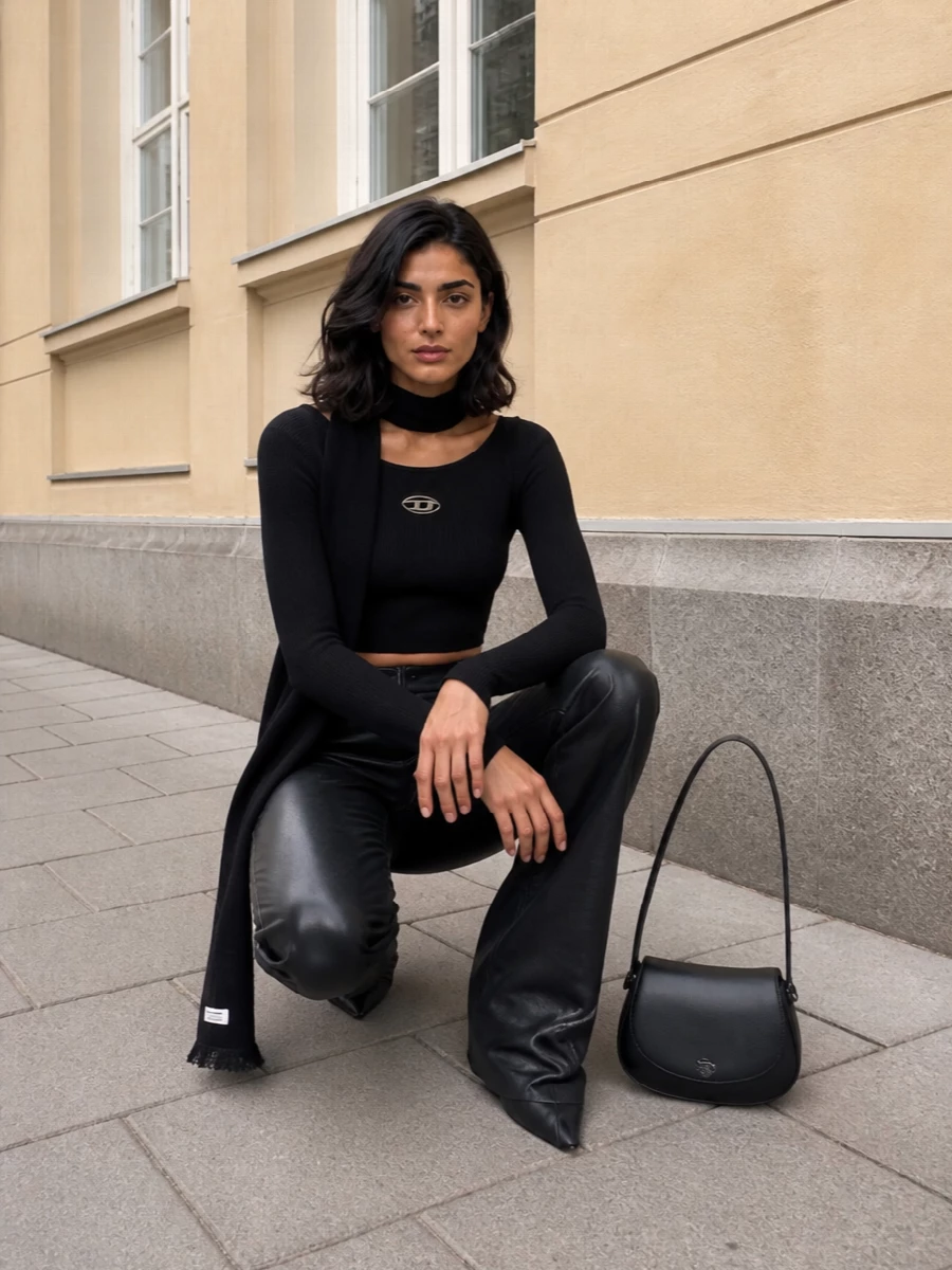Diesel cropped top black flared pants outfit