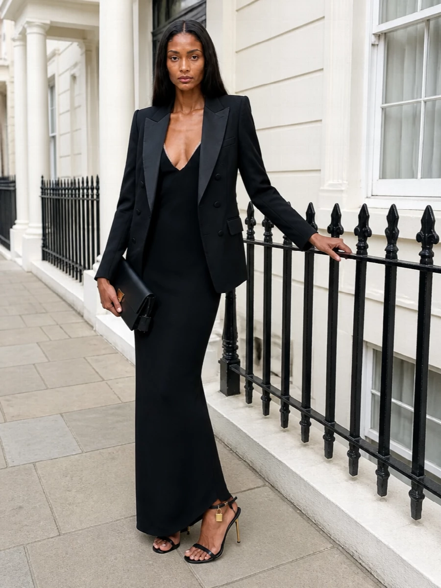 Tom ford tux blazer black slip gown outfit