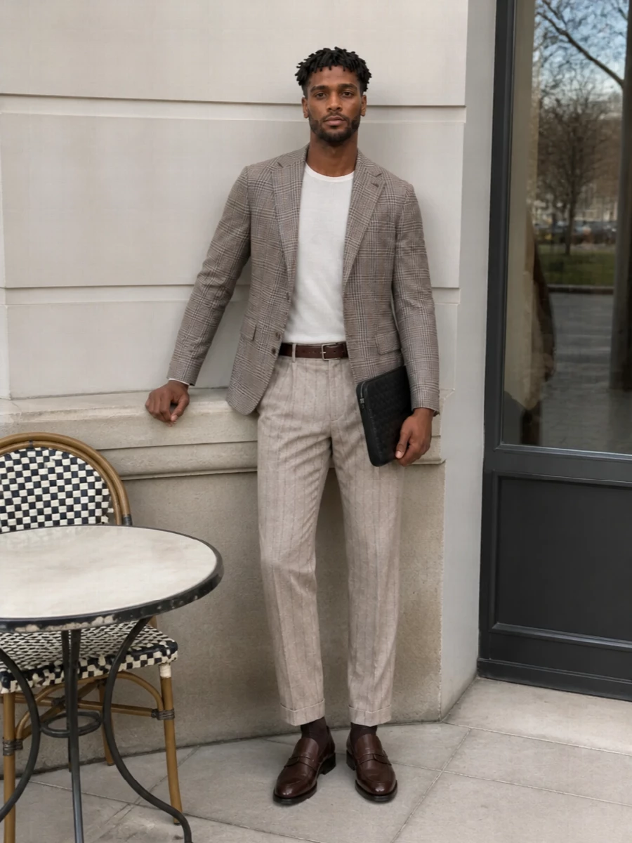 Tagliatore blazer beige pinstripe trousers outfit