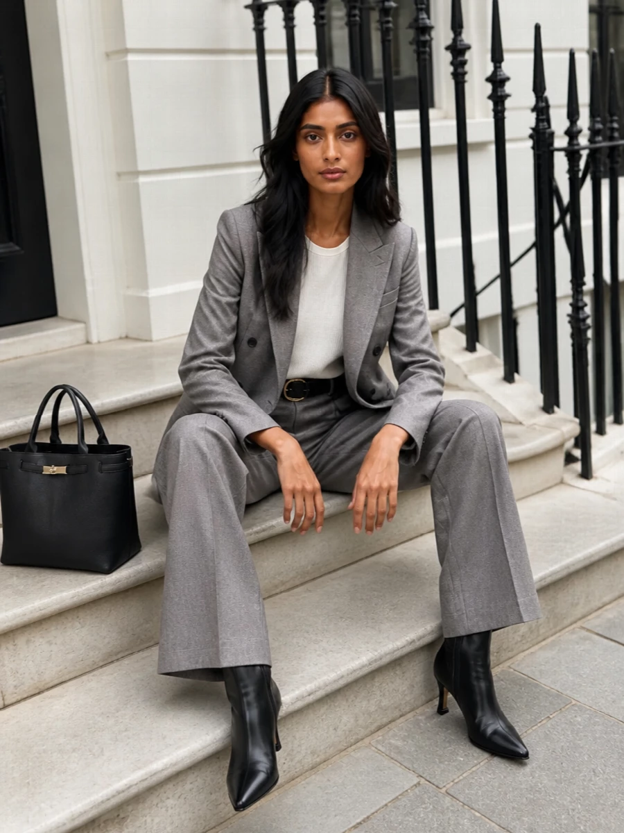 Tagliatore grey blazer wide leg trouser outfit