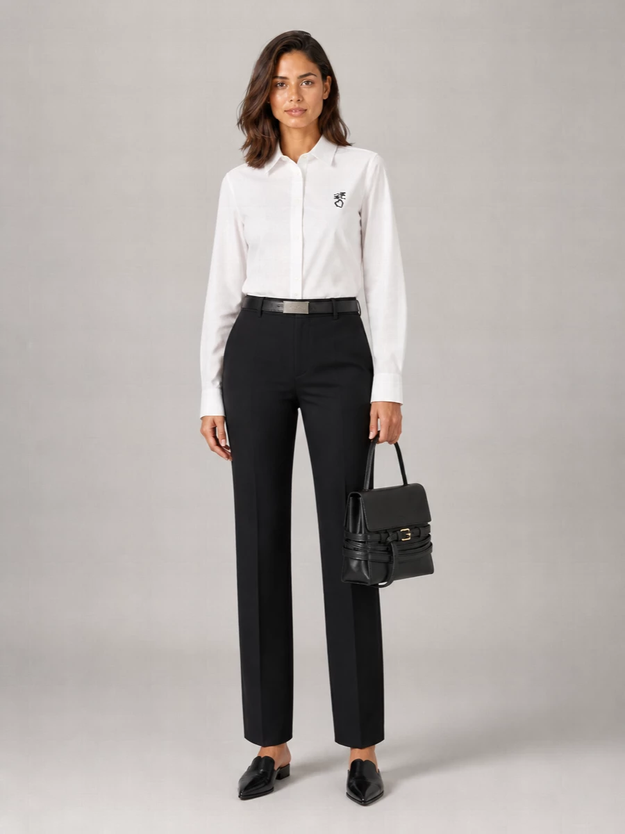 A crisp white Moschino shirt meets sharp black tailoring for a clean, no-nonsense take on modern workwear. Pointed loafers and a structured top-handle bag keep the lines streamlined, while a slim black belt quietly defines the waist. The result is polished, minimal and ready for anything from client meetings to late dinners.