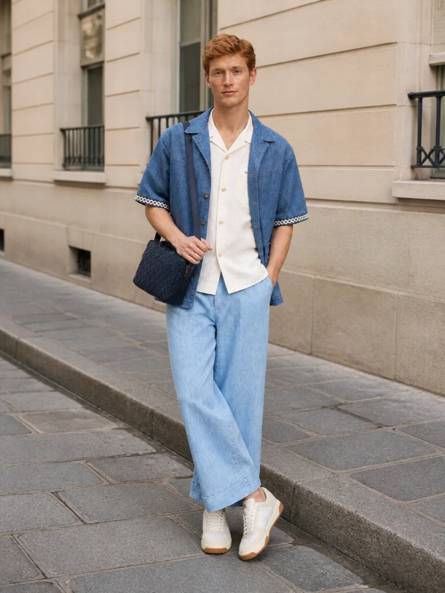 Valentino denim shirt jacket wide leg jeans outfit