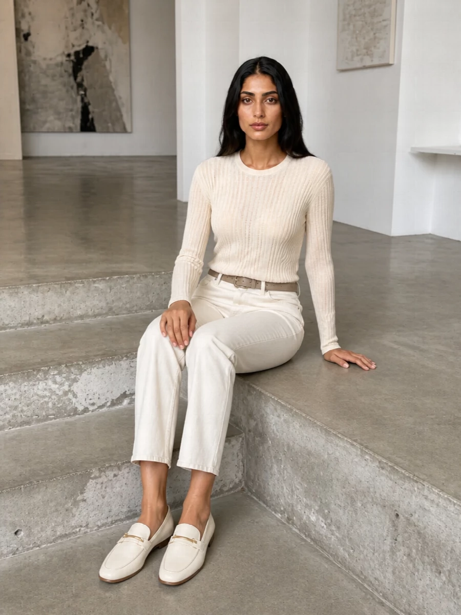 Loulou studio ivory trousers tods loafers outfit