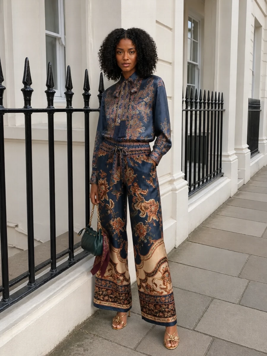 Zimmermann silk paisley blouse wide leg trousers