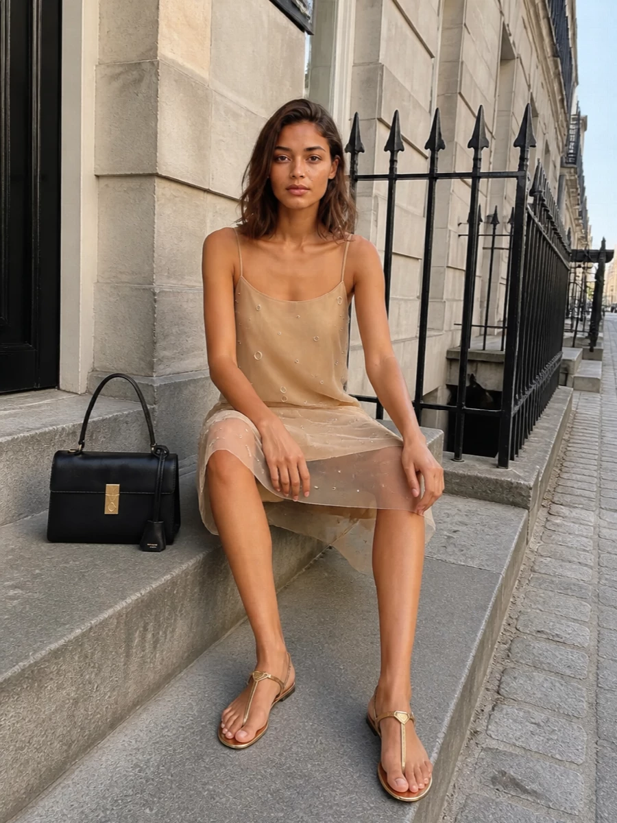 Prada champagne slip dress gold flat sandals outfit